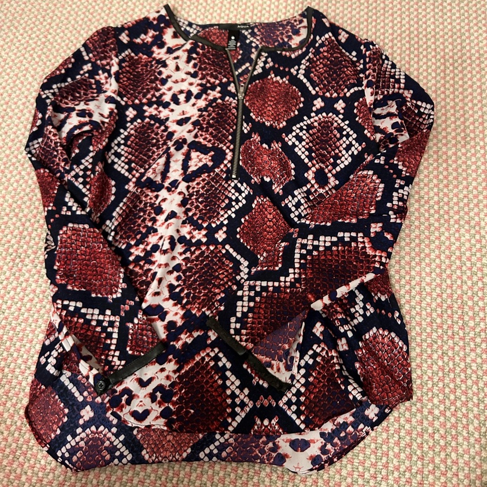 AQUA Snakeskin Blouse with leather accents, good worn condition, size small